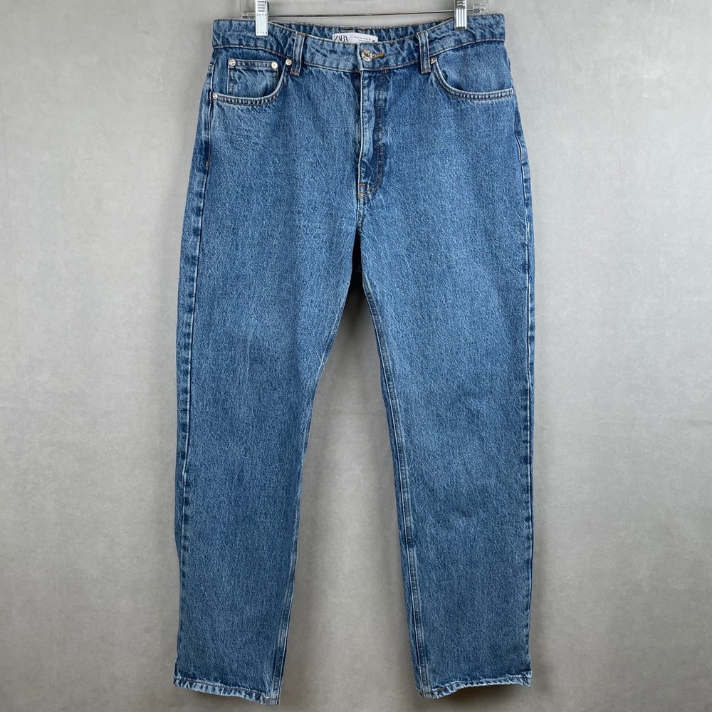 Zara Womens High Rise Straight Leg Mom Jeans Med Wash Blue Denim Cotton Retro 10